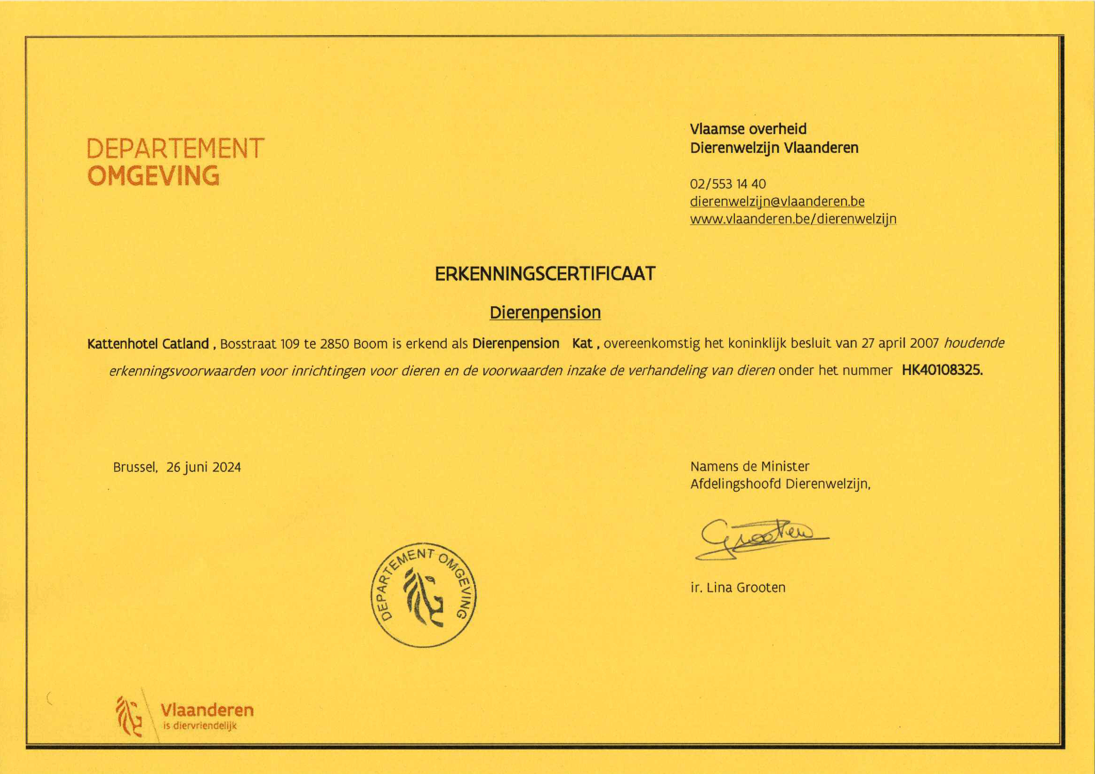 erkenningscertificaat voor kattenhotel Catland